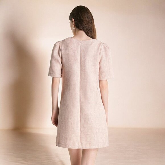 NWT J.ING Pink Button Detail V-Neck Short Sleeve Tweed Mini Dress - Picture 3 of 6